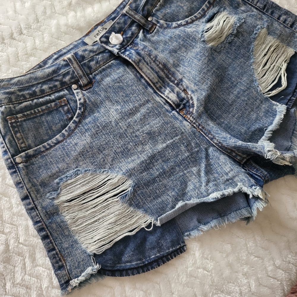 Denim Distressed High Rise Pocket out Ripped Short